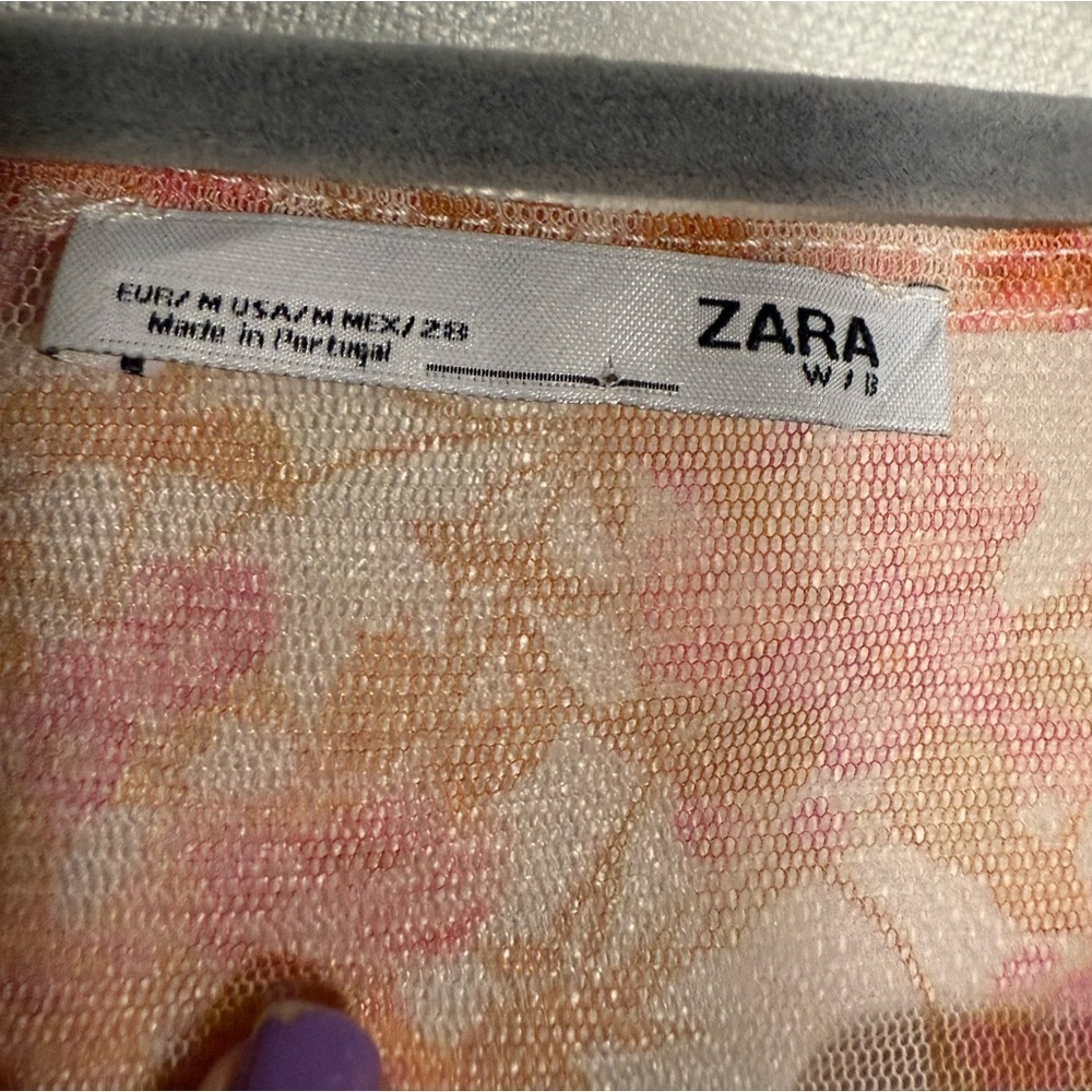 Zara Sheer Mesh Red Orange Pink Floral Long Sleeve Top Medium - Picture 7 of 9